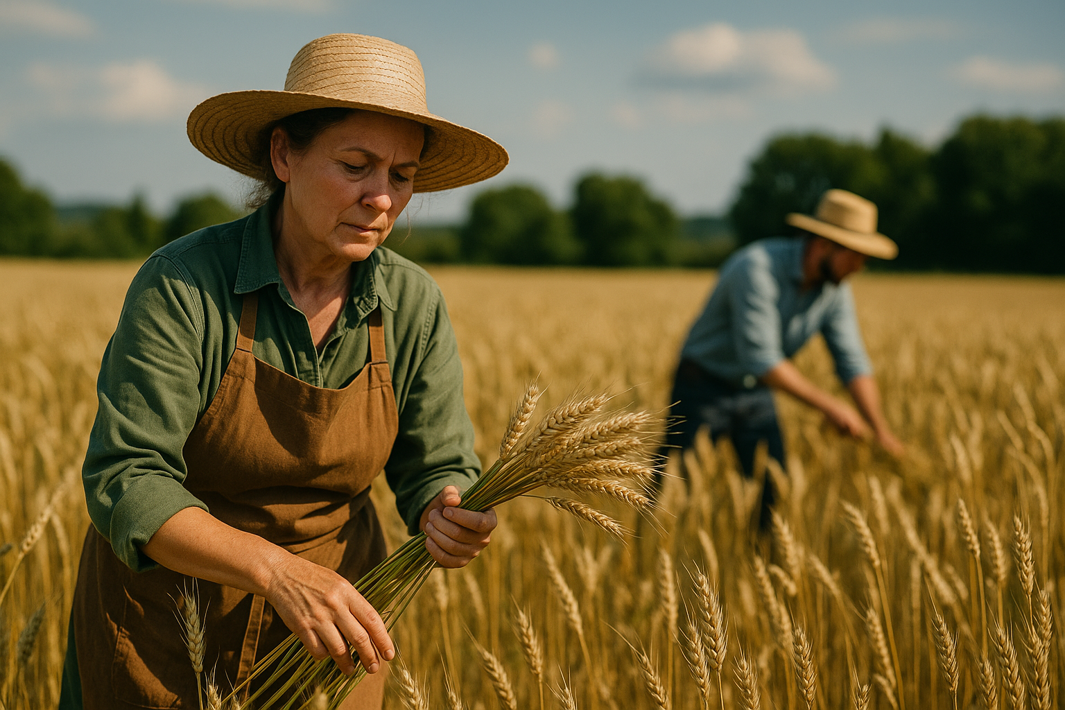 Two women harvesting wheat