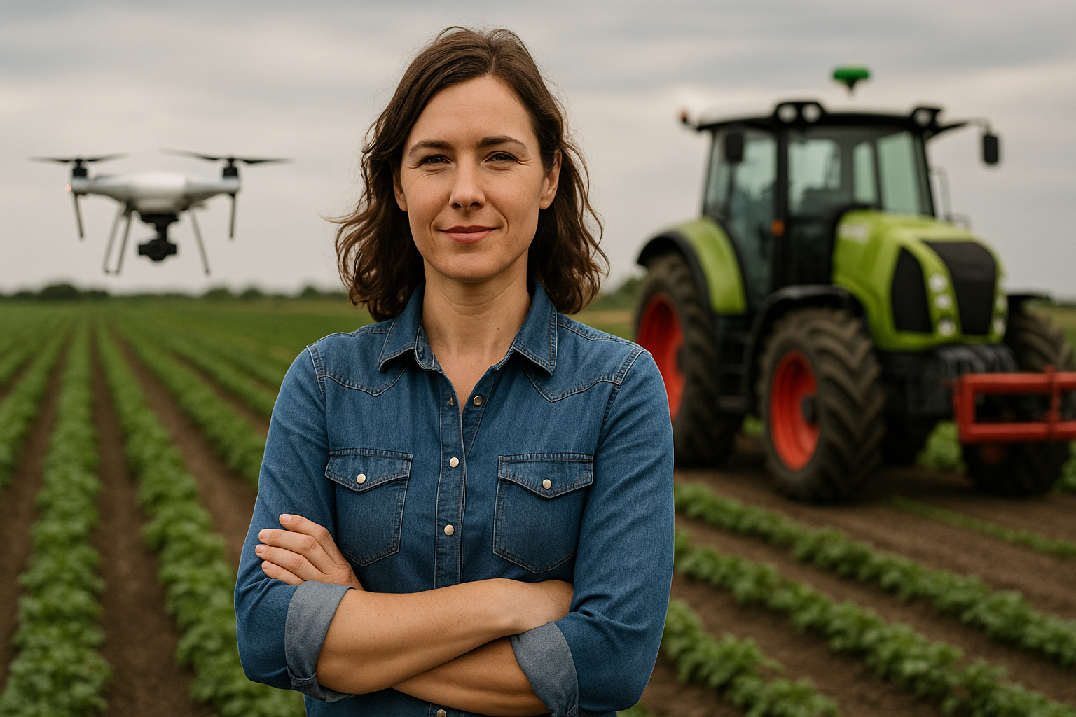 Community member in a field smiling with a tractor in the background